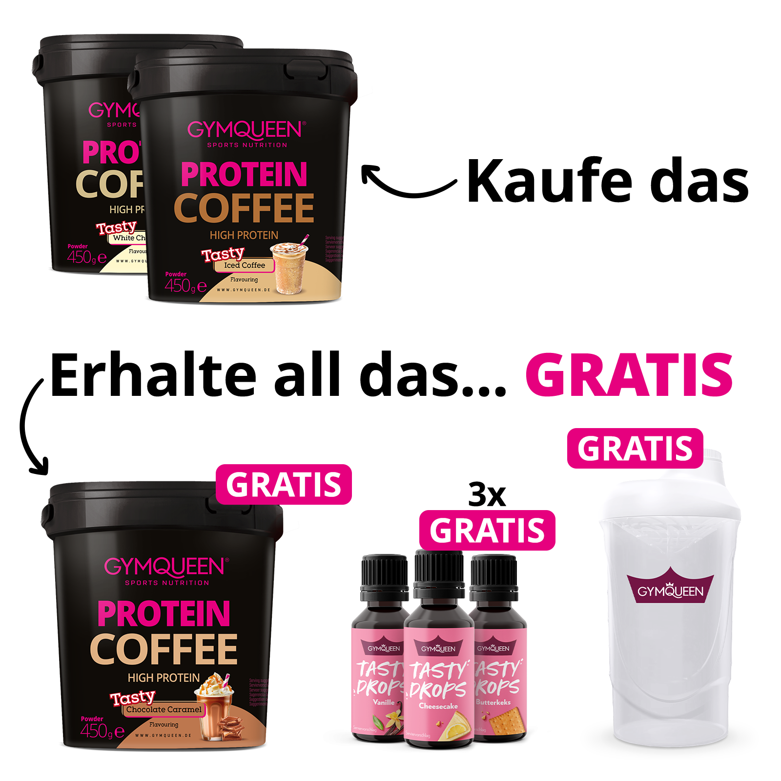 EXKLUSIVER DEAL: 5Für2 Protein Coffee mit GRATIS Potein Coffee + 3x Tasty Drops und Shaker