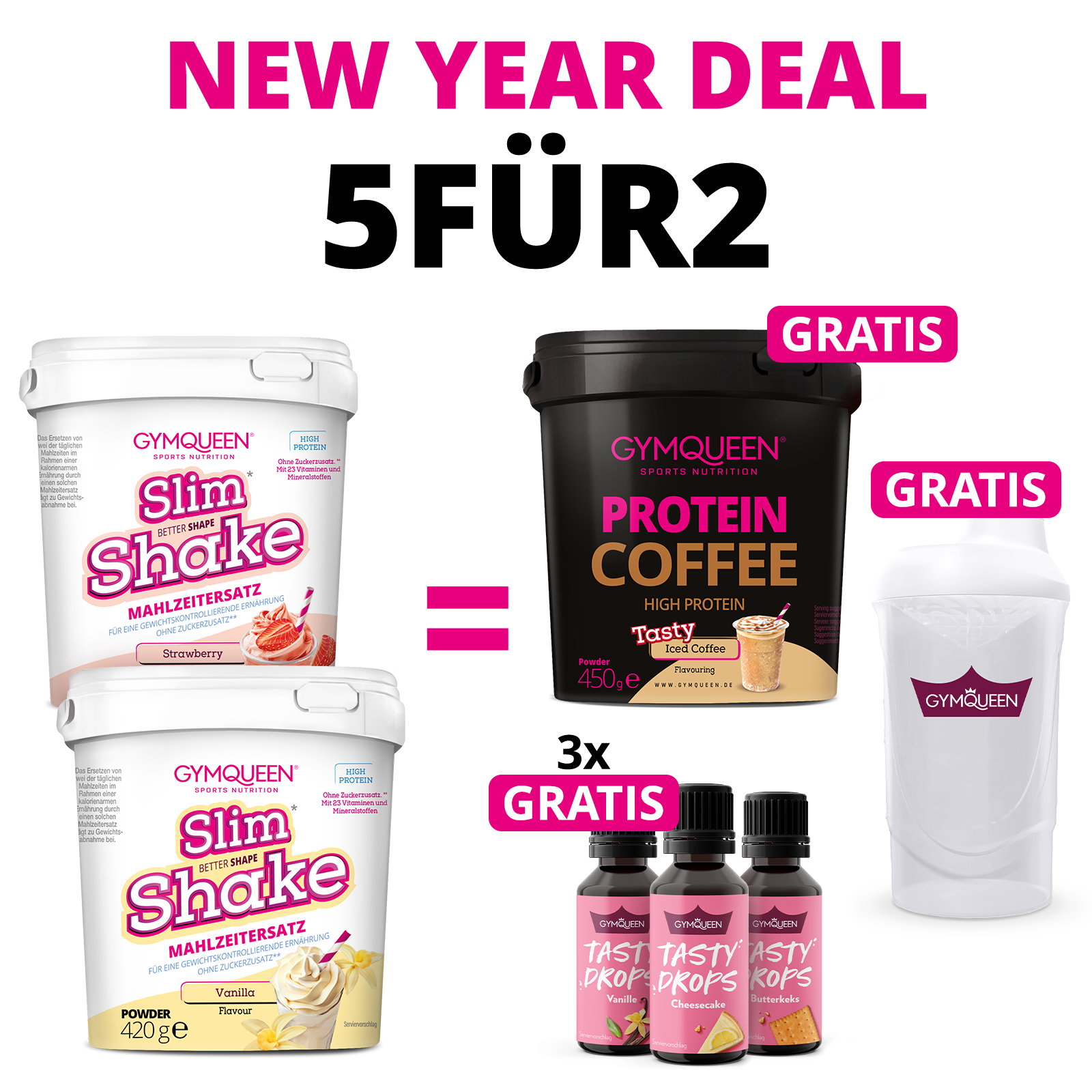 NEW YEAR DEAL: 5Für2 Abnehmpaket mit GRATIS Potein Coffee + 3x Tasty Drops und Shaker