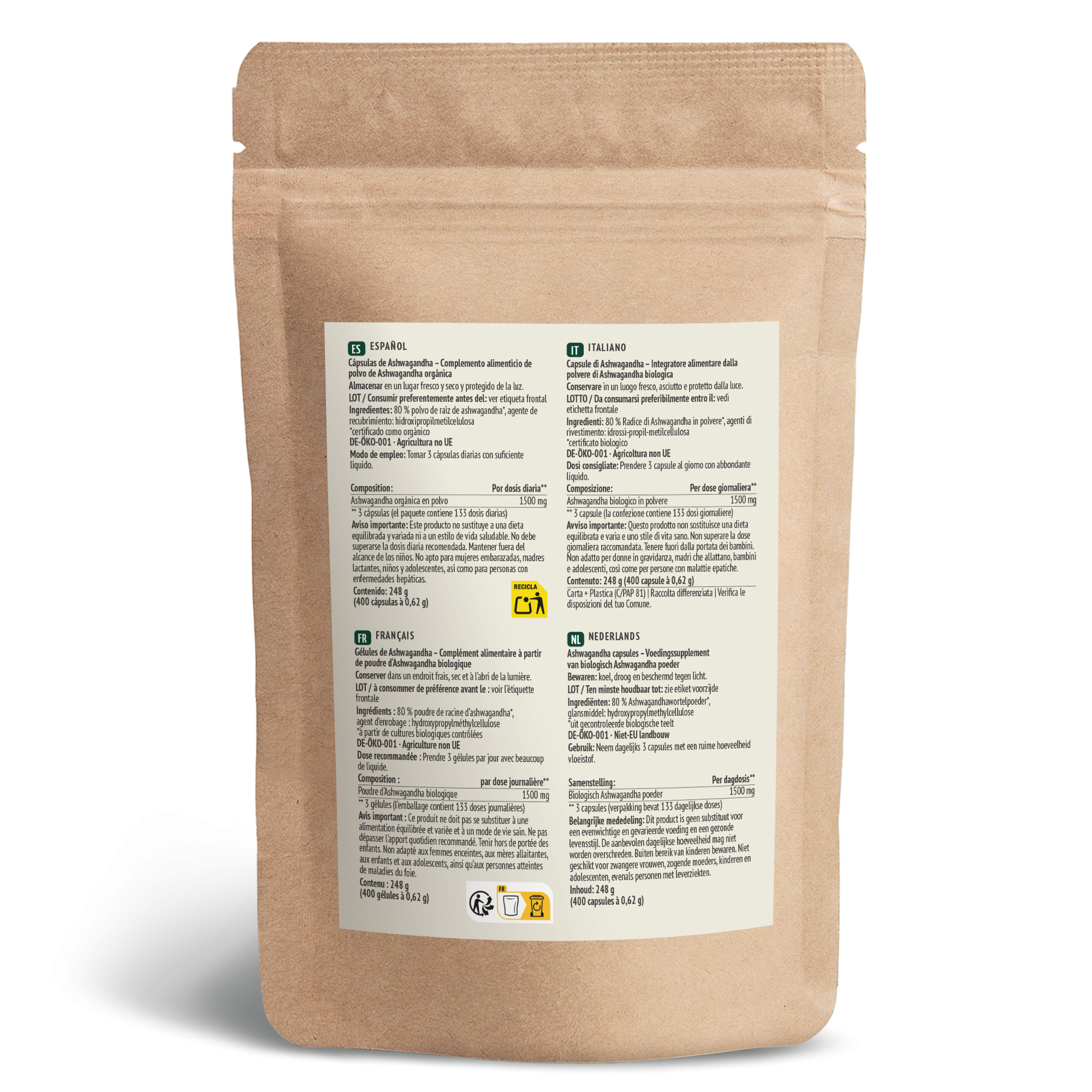 Ashwagandha Kapseln Bio Nachfüllpack (400 Kapseln)
