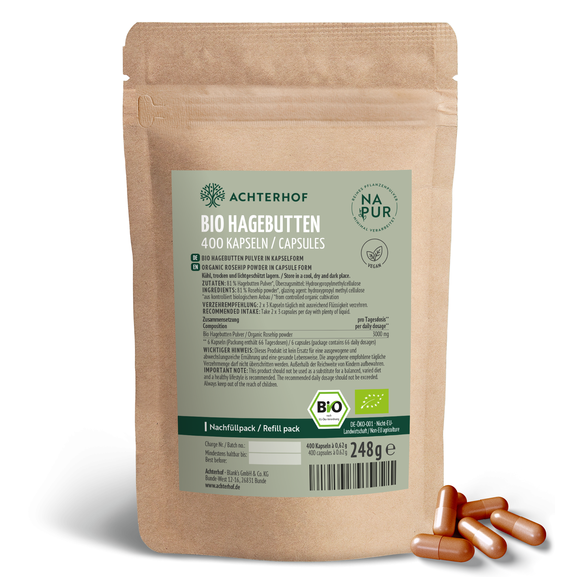 Bio Hagebutten Kapseln Nachfüllpack (400 Kapseln)