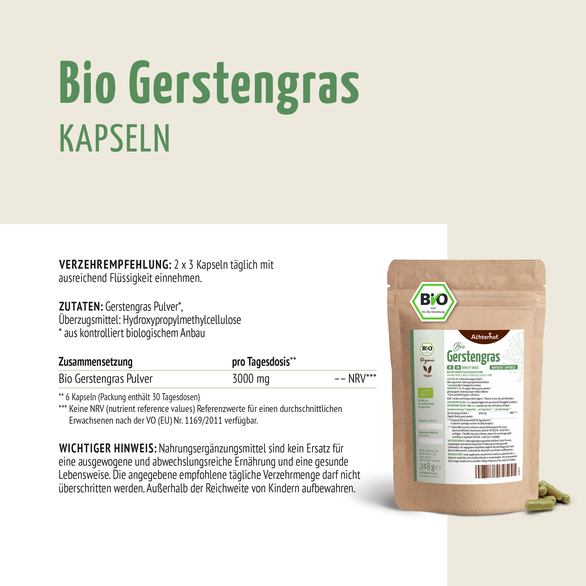 Bio Gerstengras Kapseln Nachfüllpack (400 Kapseln)