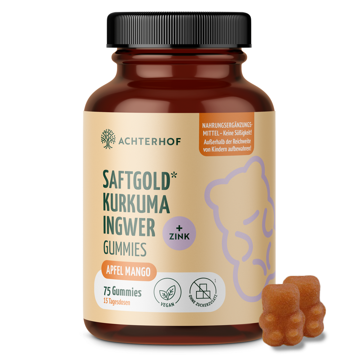 Saftgold Kurkuma Ingwer Gummies Apfel Mango + Zink (75 Stück)